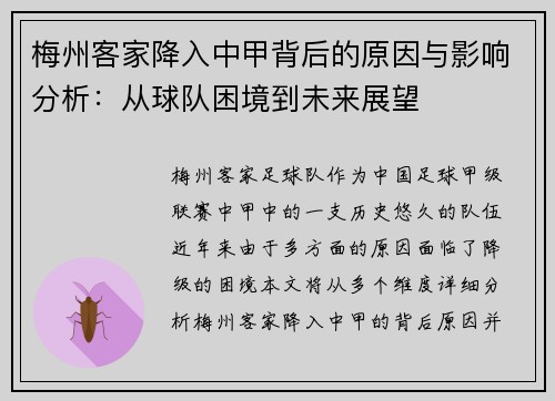 梅州客家降入中甲背后的原因与影响分析：从球队困境到未来展望